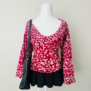 FREE PEOPLE On The Block Batik Print Bell Sleeve Top Berry 100% cotton